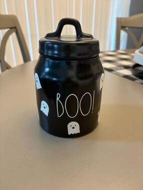 Rae Dunn Black Halloween BOO! Canister with Ghost Print
